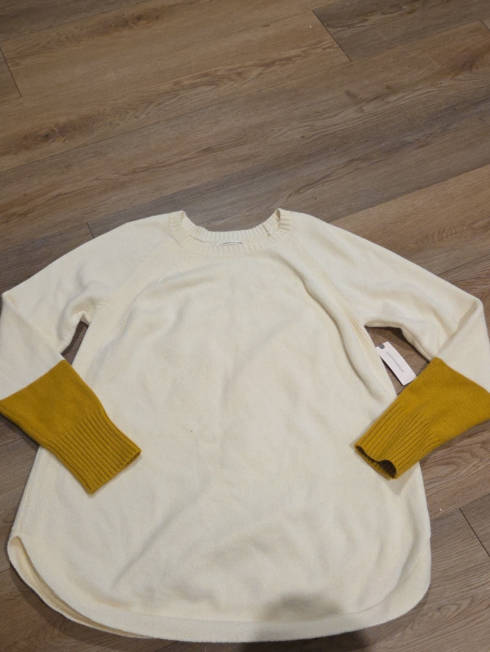 Anthropologie Cream Crewneck Sweater with Mustard Cuffs